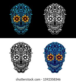 Set of ornamental skull, isolated on dark and bright background