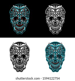 Set of ornamental skull, isolated on dark and bright background