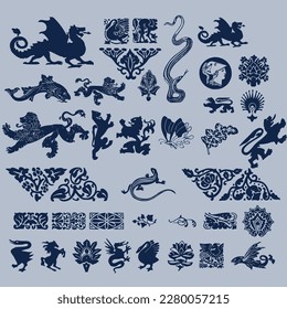 Set of ornamental stencils for vintage decoration and graphic design.