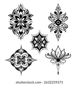 Conjunto de ícones florais tribais ornamentais em preto e branco. Adequado para designs de tatuagem, impressões têxteis, arte espiritual e elementos de decoração boho.