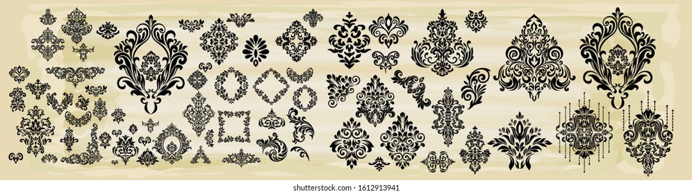 Set of ornamental vector damask illustrations. Easy to edit.