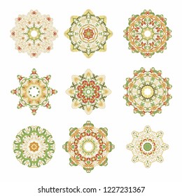 Set of ornamental vector decorative rosettes, mandala on white background