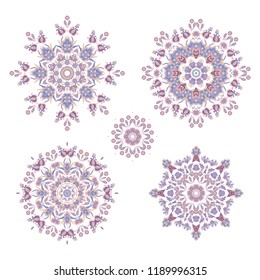 Set of ornamental vector  lilac - violet floral rosettes, mandala on white backgorund