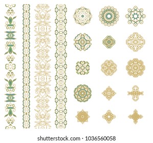 Set of ornamental vector rosettes and border ornaments on white background
