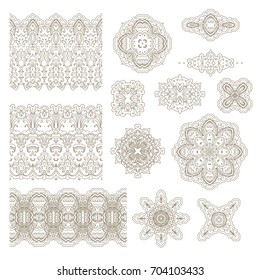 Set of  ornamental vector rosettes - snowflakes and borders on dark  background