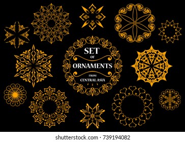Set of ornamental vector rosettes. Snowflakes, flowers and dividers.