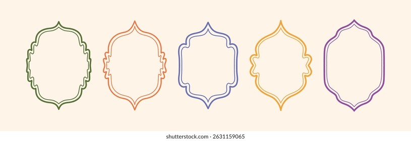 Set of Ornamental Vintage Frames with Symmetrical Curves and Eastern Inspired Shapes. Hand Drawn Double Line Borders in Green Orange Purple. Vector Illustration on Light Background