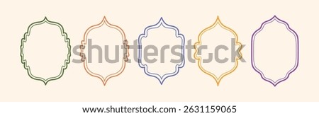 Set of Ornamental Vintage Frames with Symmetrical Curves and Eastern Inspired Shapes. Hand Drawn Double Line Borders in Green Orange Purple. Vector Illustration on Light Background