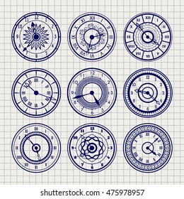 Set of ornamental watches vector. Ball pen imitation sketch