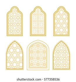 Set of ornamental windows in arabic style. For greeting card, coloring page, islamic design