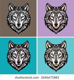 Set of ornamental wolf head illustrations in tribal tattoo style, vector mascot logo design with color variations