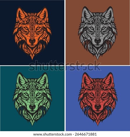 Set of ornamental wolf head illustrations in tribal tattoo style, vector mascot logo design with color variations