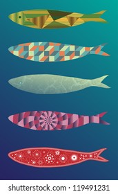 A set of ornamented and beautiful illustration (vector) of sardines