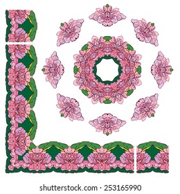 Set of ornaments - circle and rectangular frames, floral borders with tropical flowers and leaves