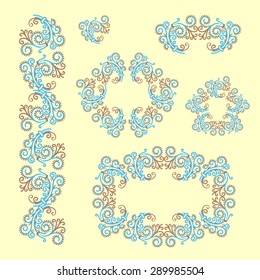 Set of ornaments. Decorated frame. Frosty pattern.
