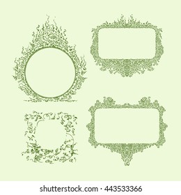 A set of ornaments of different shapes with space for text. The chaotic and dense filling
form an abstract pattern. Plain line drawing.