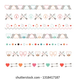 A set of ornaments. Endless ornaments for design or for creativity. Ornament on the theme of love and relationships, birthday. Image of hearts, bears and arrows.