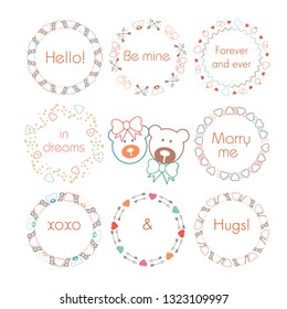 A set of ornaments. Endless ornaments for design or for creativity. Ornament on the theme of love and relationships; wedding. Image of hearts; bears and arrows. Template for decorative tape. 