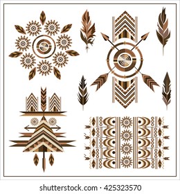 Set of ornaments ethnic style on a white background. Isolated feathers. Vector Illustration