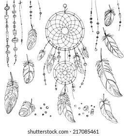 Set of ornaments, feathers and beads. Native american indian dream catcher, traditional symbol