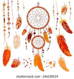 Set of ornaments, feathers and beads. Native american indian dream catcher, traditional symbol. Bright colored feathers and beads on white background. Vector decorative elements hippie