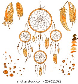 Set of ornaments, feathers and beads. Native American Indian dream catcher, traditional symbol. Bright colored feathers and beads on white background. Vector decorative elements hippie