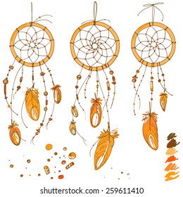Set of ornaments, feathers and beads. Native American Indian dream catcher, traditional symbol. Bright colored feathers and beads on white background. Vector decorative elements hippie
