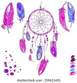 Set of ornaments, feathers and beads. Native American Indian dream catcher, traditional symbol. Bright colored feathers and beads on white background. Vector decorative elements hippie