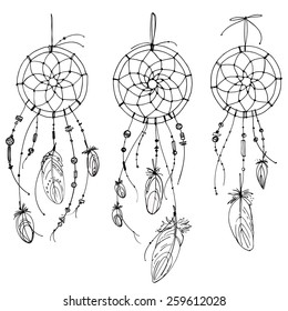 Set of ornaments, feathers and beads. Native American Indian dream catcher, traditional symbol