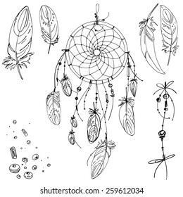 Set of ornaments, feathers and beads. Native American Indian dream catcher, traditional symbol