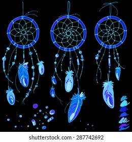 Set of ornaments, feathers and beads. Native american indian dream catcher, traditional symbol. Bright colored feathers and beads on black background. Vector decorative elements hippie