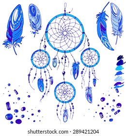 Set of ornaments, feathers and beads. Native american indian dream catcher, traditional symbol. Bright colored feathers and beads on white background. Vector decorative elements hippie