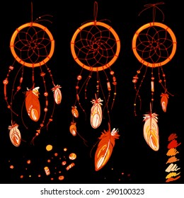 Set of ornaments, feathers and beads. Native american indian dream catcher, traditional symbol. Bright colored feathers and beads on white background. Vector decorative elements hippie