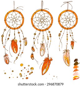 Set of ornaments, feathers and beads. Native american indian dream catcher, traditional symbol. Bright colored feathers and beads on white background. Vector decorative elements hippie