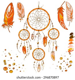 Set of ornaments, feathers and beads. Native american indian dream catcher, traditional symbol. Bright colored feathers and beads on white background. Vector decorative elements hippie