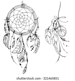 Set of ornaments, feathers and beads. Native american indian dream catcher, traditional symbol. Feathers and beads on white background. Vector decorative elements hippie. Coloring book for adults