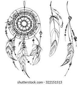 Set of ornaments, feathers and beads. Native american indian dream catcher, traditional symbol. Feathers and beads on white background. Vector decorative elements hippie. Coloring book for adults