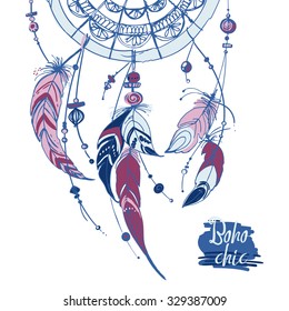 Set of ornaments, feathers and beads. Native American Indian dream catcher, traditional symbol. Feathers and beads on white background. Vector decorative elements hippie. Coloring book for adults
