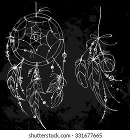 Set of ornaments, feathers and beads. Native American Indian dream catcher, traditional symbol. Feathers and beads on black background. Vector decorative elements hippie. Coloring book for adults