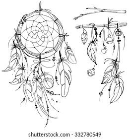 Set of ornaments, feathers and beads. Native american indian dream catcher, traditional symbol. Feathers and beads on white background. Vector decorative elements hippie. Coloring book for adults