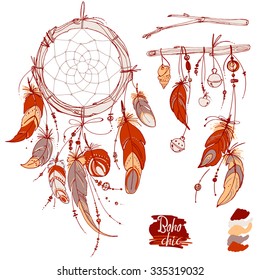Set of ornaments, feathers and beads. Native american indian dream catcher, traditional symbol. Feathers and beads on white background. Vector decorative elements hippie. Coloring book for adults