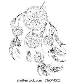 Set of ornaments, feathers and beads. Native american indian dream catcher, traditional symbol. Feathers and beads on white background. Vector decorative elements hippie. Coloring book for adults