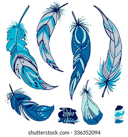 Set of ornaments, feathers and beads. Native american indian dream catcher, traditional symbol. Feathers and beads on white background. Vector decorative elements hippie. Blue color