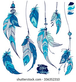 Set of ornaments, feathers and beads. Native american indian dream catcher, traditional symbol. Feathers and beads on white background. Vector decorative elements hippie. Blue color