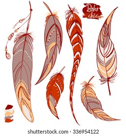 Set of ornaments, feathers and beads. Native american indian dream catcher, traditional symbol. Feathers and beads on white background. Vector decorative elements hippie. Blue color