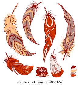 Set of ornaments, feathers and beads. Native american indian dream catcher, traditional symbol. Feathers and beads on white background. Vector decorative elements hippie. Blue color