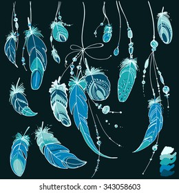 Set of ornaments, feathers and beads. Native american indian dream catcher, traditional symbol. Feathers and beads on black background. Vector decorative hippie elements. Blue color