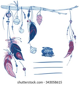 Set of ornaments, feathers and beads. Native american indian dream catcher, traditional symbol. Feathers and beads on white background. Vector decorative hippie elements. Blue color