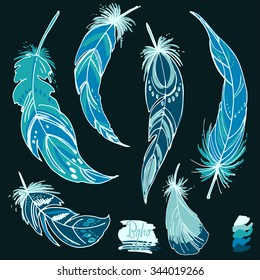 Set of ornaments, feathers and beads. Native american indian dream catcher, traditional symbol. Feathers and beads on black background. Vector decorative elements hippie. Blue color
