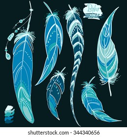 Set of ornaments, feathers and beads. Native american indian dream catcher, traditional symbol. Feathers and beads on black background. Vector decorative elements hippie. Blue color
